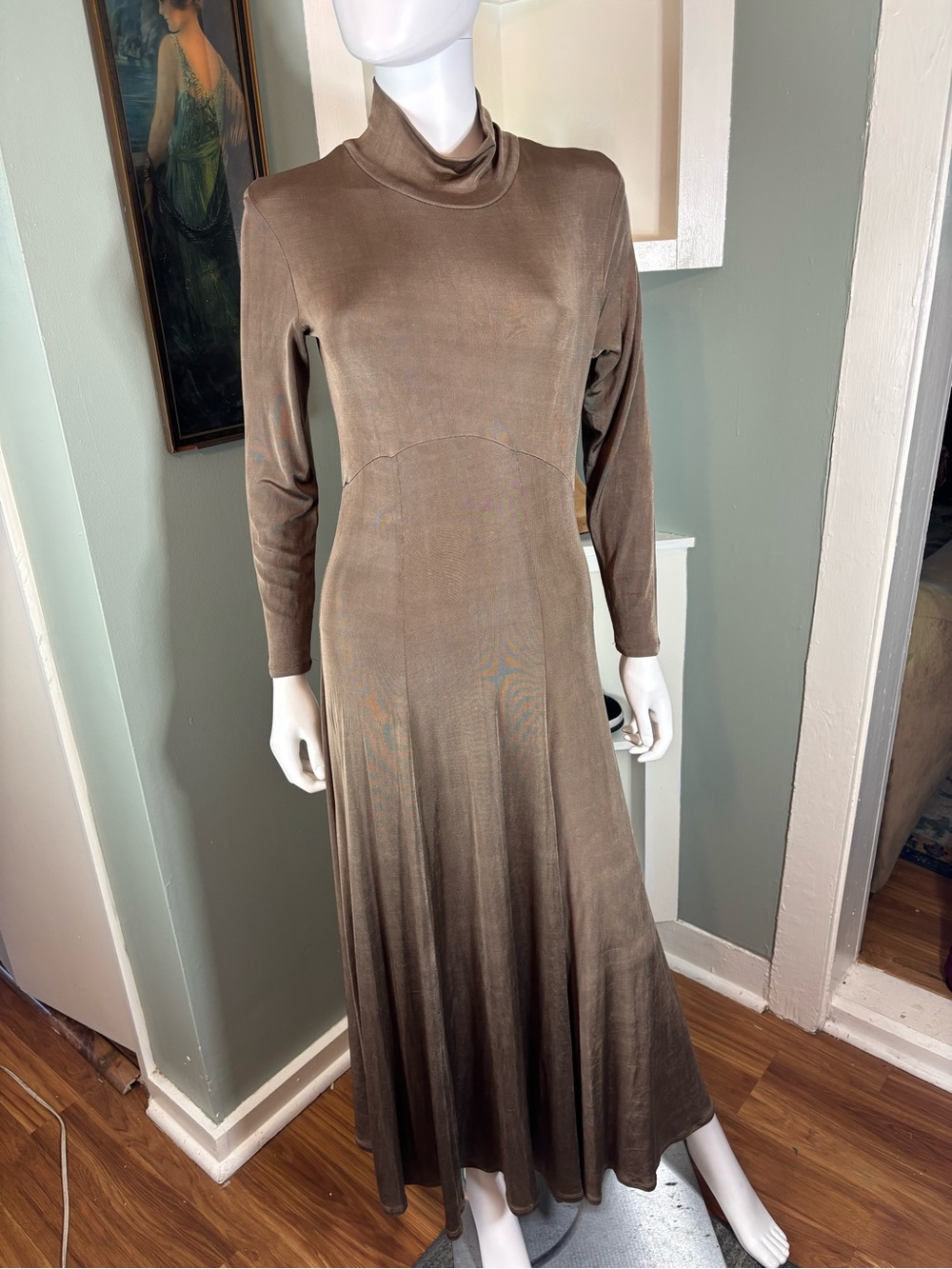 Vintage 90s Double D Ranch Wear Taupe Long Sleeve Maxi Dress Acetate Slinky M